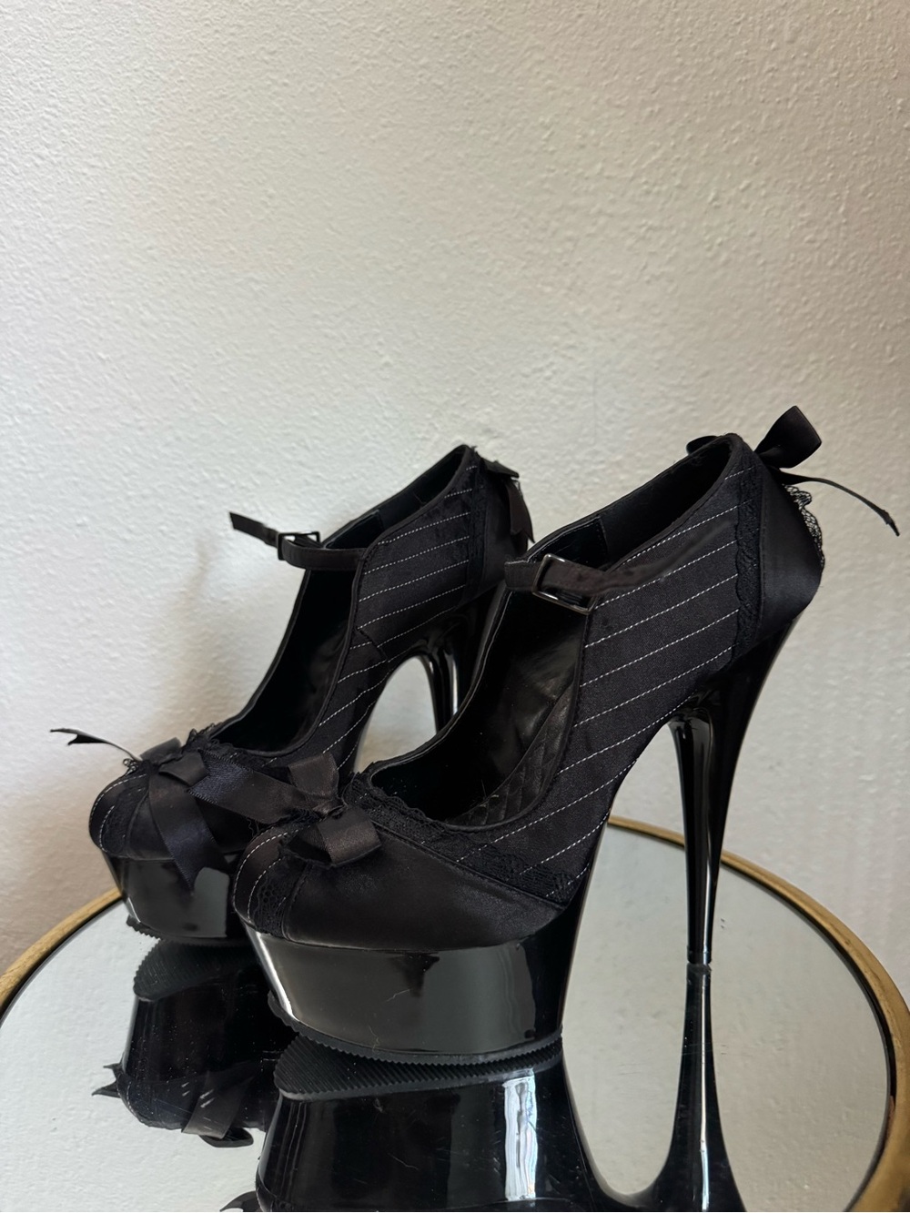 Pleaser Black platform pin strip Mary Jane heels with lace and bows gothic